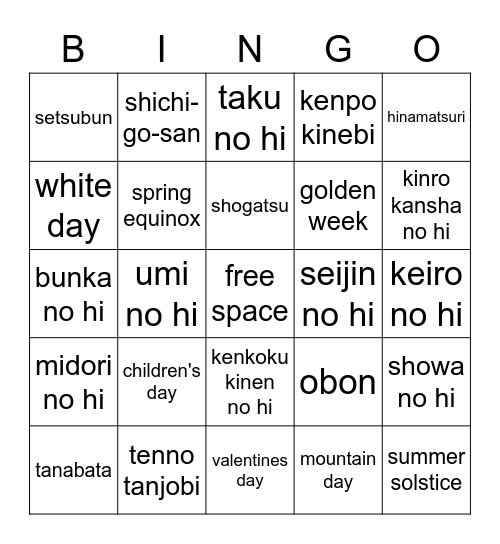 traditions/holidays Bingo Card