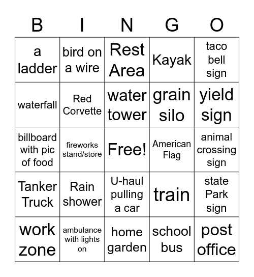 Road Trip Bingo Card