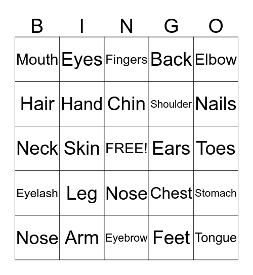 Body Parts  Bingo Card