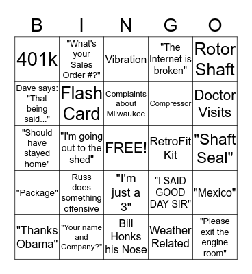 Service Department Bingo Card