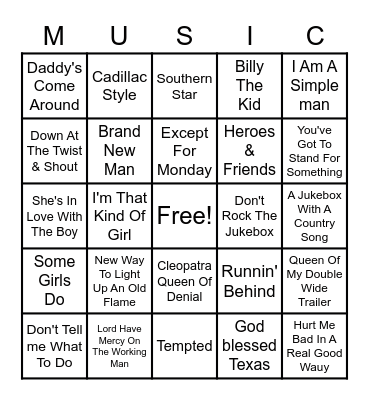 90s Country Bingo Card