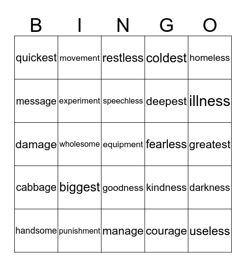 Word Endings Bingo Card