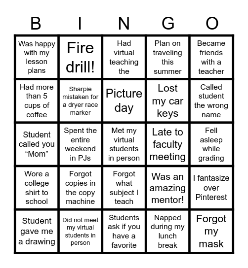 Teacher Bingo Card