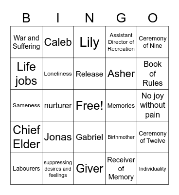 The Giver Bingo Card