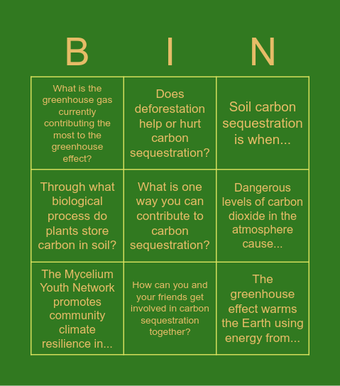 Carbon Sequestration Bingo! Answer the question to get BIN and win a prize! Bingo Card