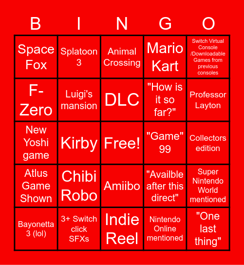 Nintendo E3 Bingo 2021 Bingo Card