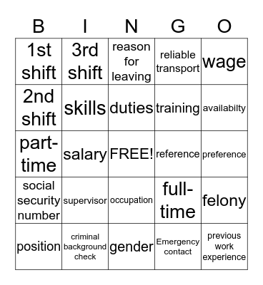 Job Applications Bingo Card