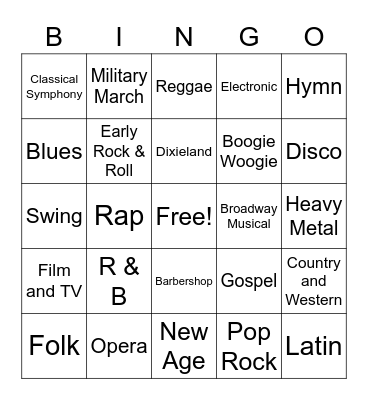 Music Styles Bingo Card