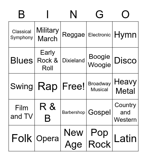 Music Styles Bingo Card