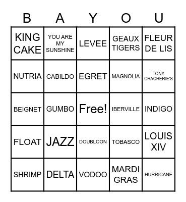 LOUISIANA BAYOU Bingo Card