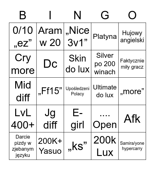 Liguśka bingo Card