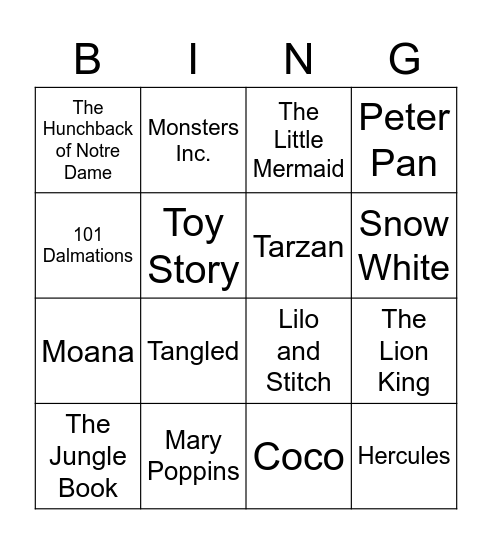 Disney Movies Bingo Card