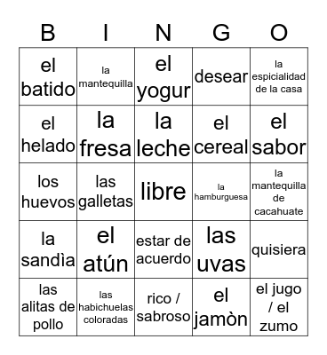 vocabulary Bingo Card