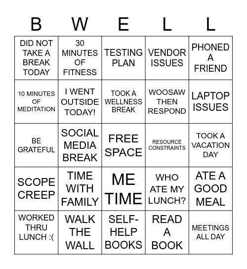 PMO WELLNESS BINGO Card