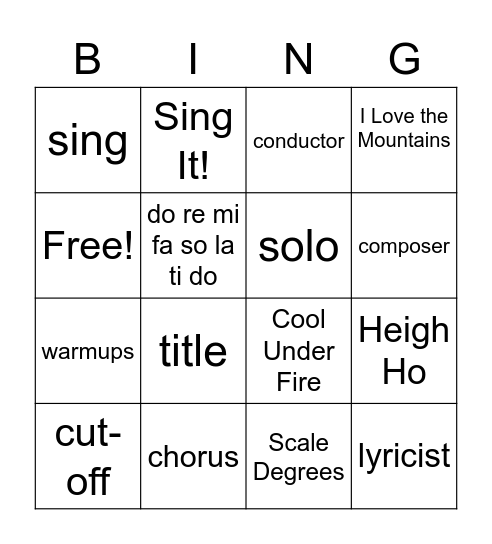 4th/5th Grade Chorus Bingo Card