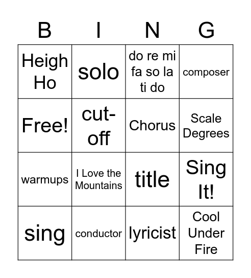 4th/5th Grade Chorus Bingo Card