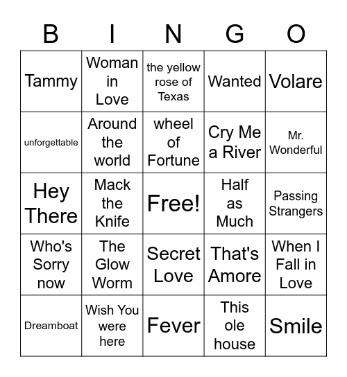 50s Music Bingo Card