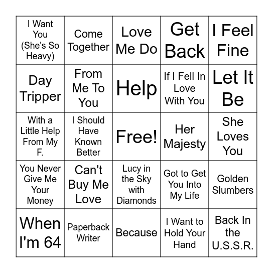 Beatles Bingo Card