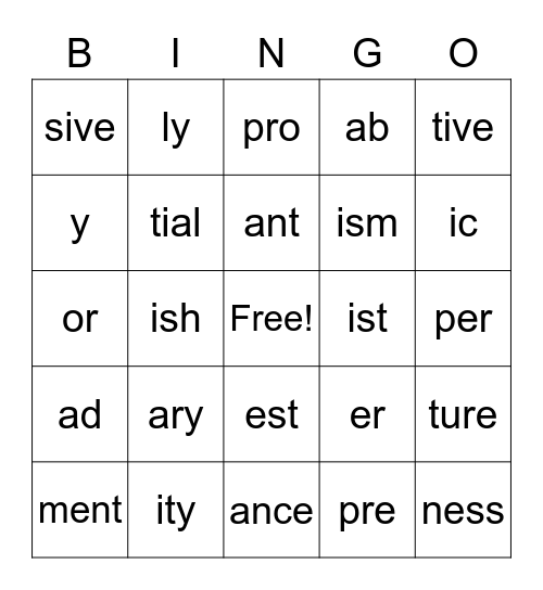 Prefixes & Suffixes Bingo Card