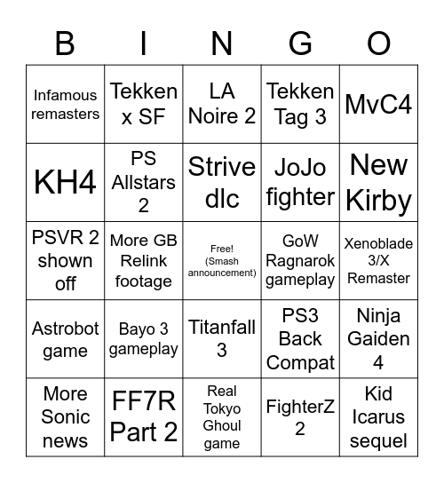 E3 Bingo Wishlist Bingo Card