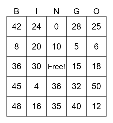 Multiplication Facts Bingo Card