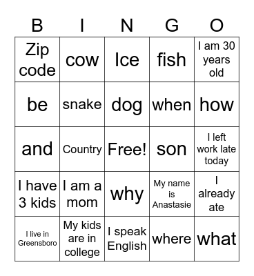 ESL Bingo 1 Bingo Card