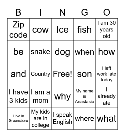 ESL Bingo 1 Bingo Card