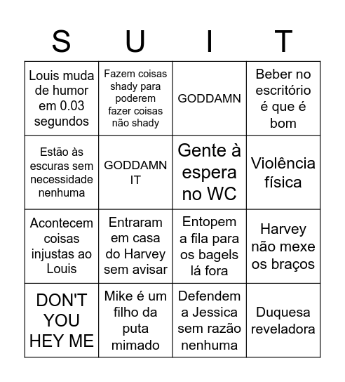 Suits Bingo Card