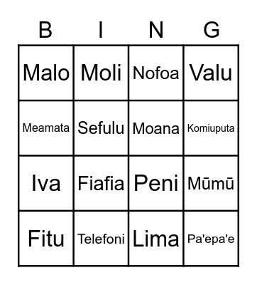 Samoan Language Bingo Card