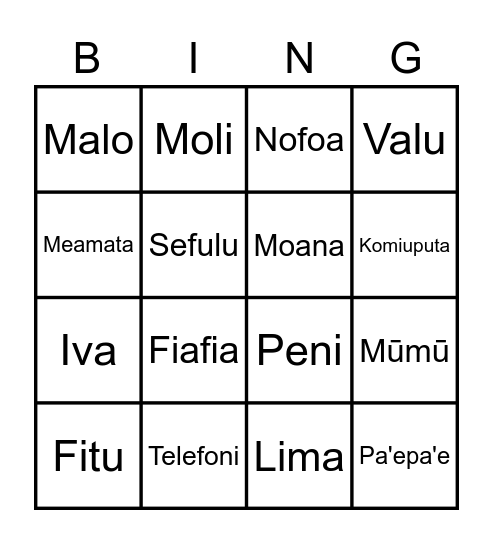 Samoan Language Bingo Card