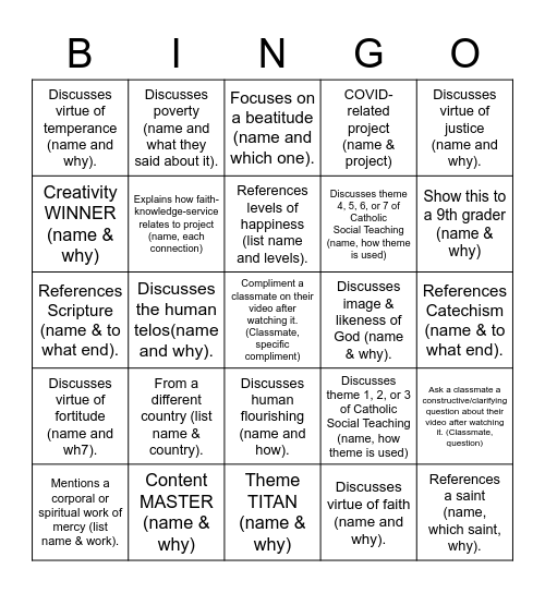 50 Hour Project Bingo Card