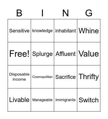 Vocabulary Bingo Card