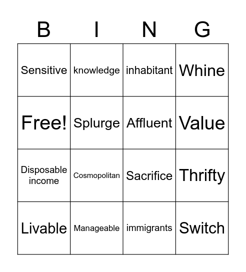 Vocabulary Bingo Card