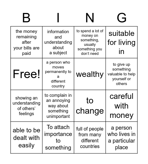 Definitions  Unit 1 - 3 Bingo Card