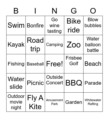 Summer Time Activities Bingo Card