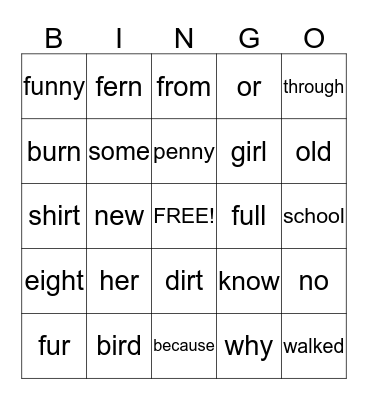 High Frequency Words Bingo Card