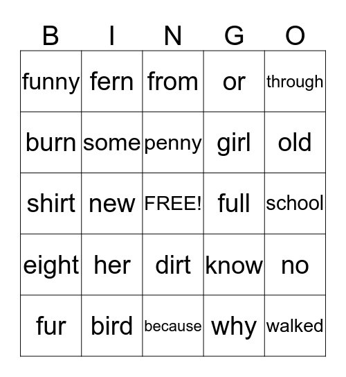High Frequency Words Bingo Card