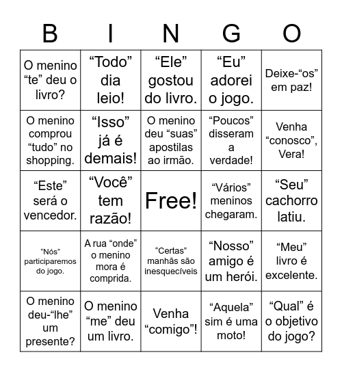 Pronomes Bingo Card