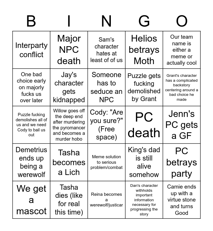 DtL Plot Points and Events Bingo Card