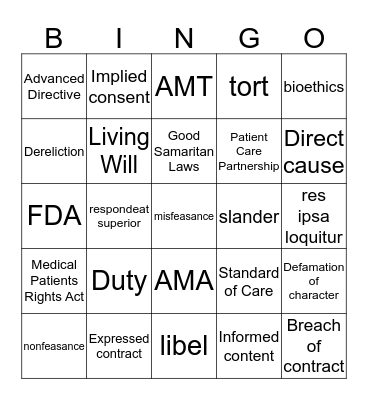 Chapter 3 Law and Ethics Bingo Card