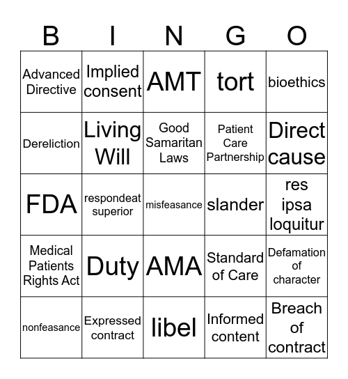 Chapter 3 Law and Ethics Bingo Card