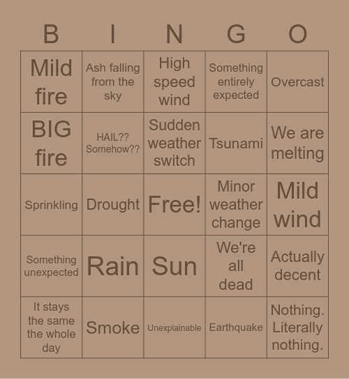 Local Summer Weather Bingo Card