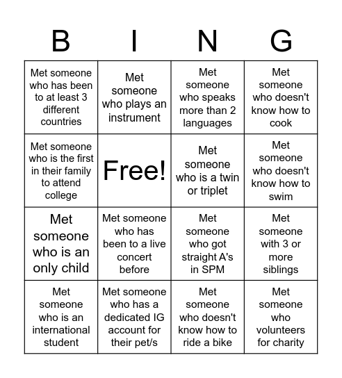 Orientation Bingo Card