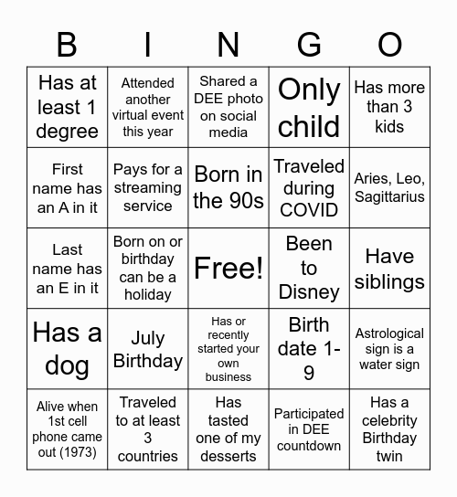 Tax's 23rd Birthday Bingo Card