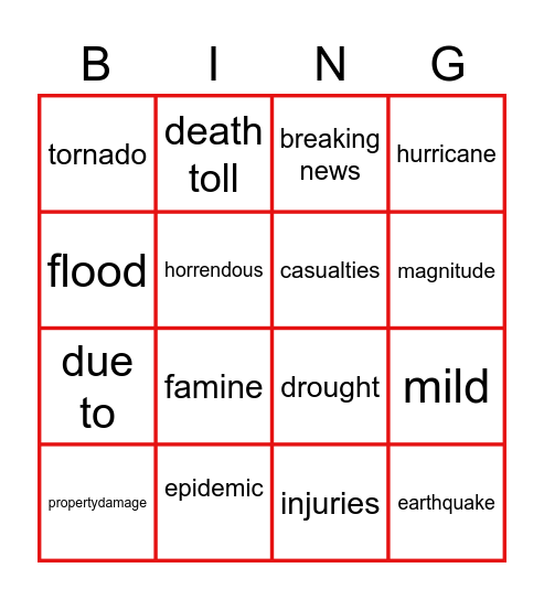Natural Disasters Bingo Card