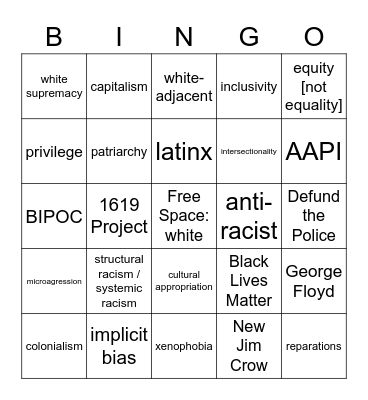 Critical Race Theory Bingo Card