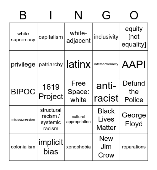 Critical Race Theory Bingo Card