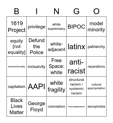 Critical Race Theory Bingo Card