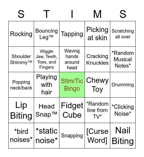 Stim/Tic Bingo Card