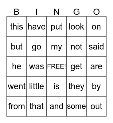 Sight Words Bingo Card